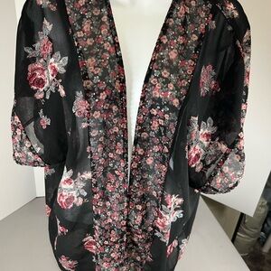 Maurices Black sheer Kimono with Pink Floral Designs oversized small/medium